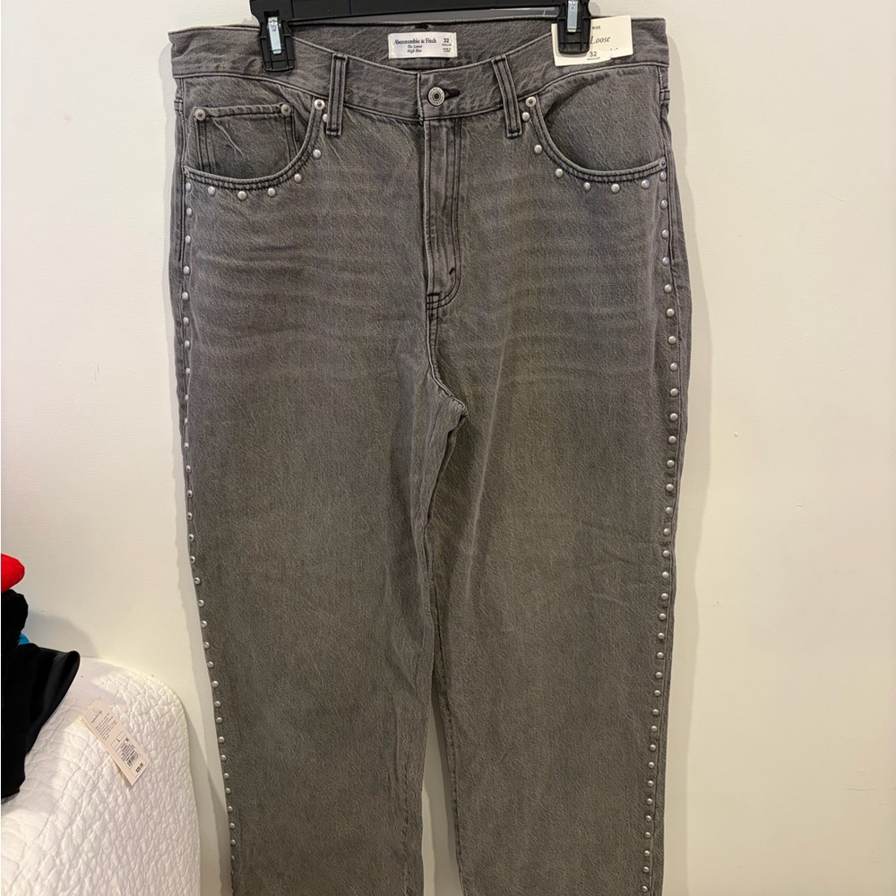 Abercrombie & Fitch Gray Flare Jeans with Pearl Accents